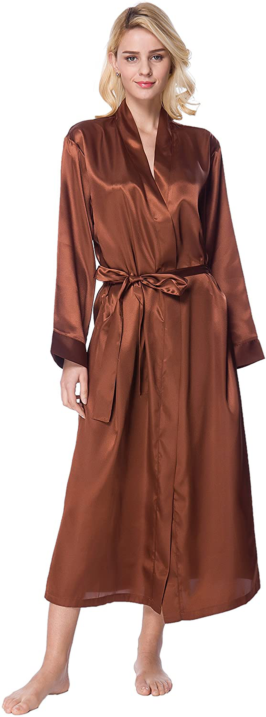 Lavenderi Women'S Long Classic Satin Kimono Lounge Bathrobe Robe Apparel & Accessories > Clothing > Sleepwear & Loungewear > Robes Lavenderi Brown Small 