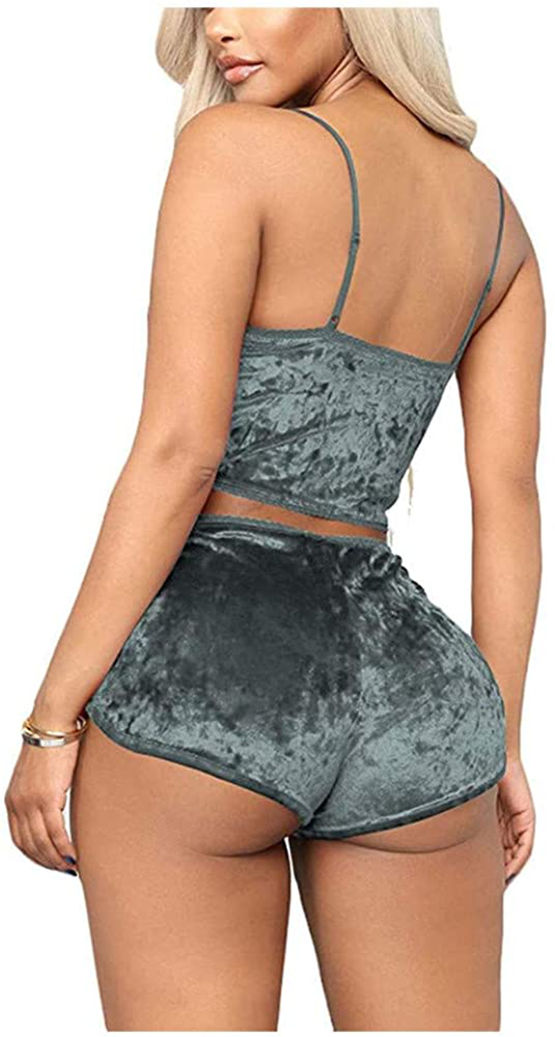 Women Sexy Velvet 2 Piece Outfit Spaghetti Strap Leopard Tie Dye Cami Crop Top + Shorts Bottom Sleepwear Pajama Set Nightwear Apparel & Accessories > Clothing > Sleepwear & Loungewear Kylie Max   