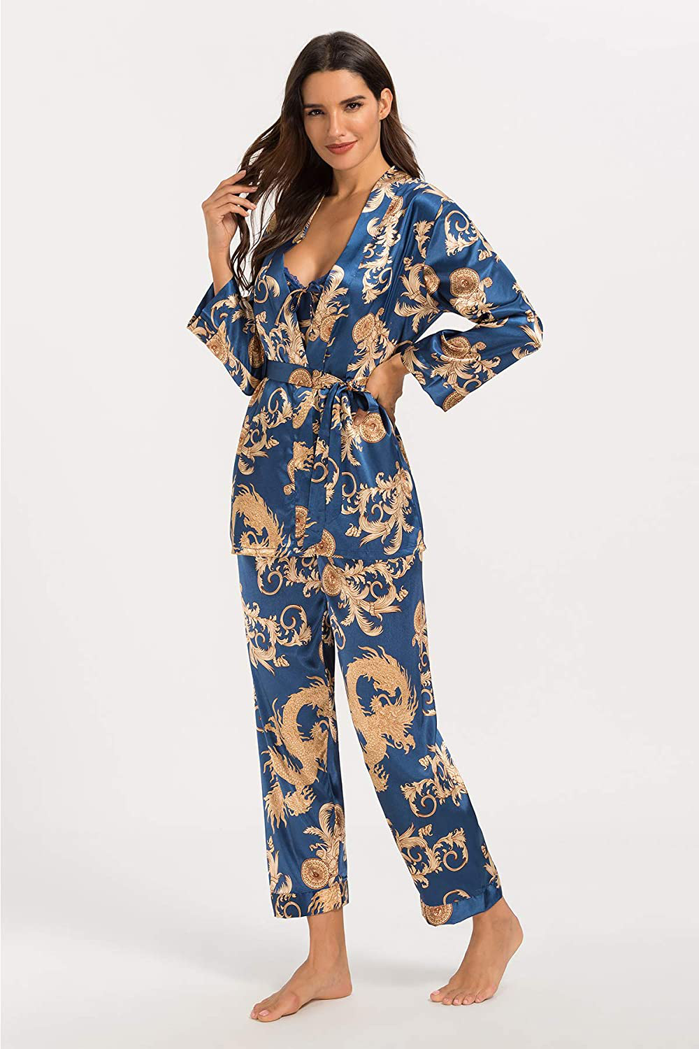 Escalier Women'S Silk Satin Pajamas Set 3 Pcs Floral Silky Pj Sets Sleepwear Cami Nightwear with Robe and Pant Apparel & Accessories > Clothing > Sleepwear & Loungewear Kylie Max   