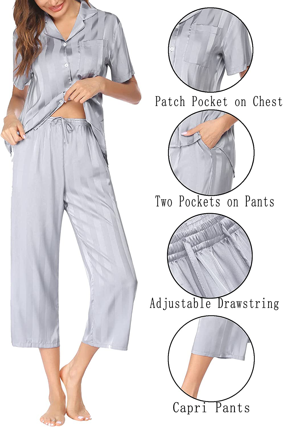Ekouaer Women Silk Satin Pajamas Button down Lounge Sets Short Sleeve Sleepwear Apparel & Accessories > Clothing > Sleepwear & Loungewear > Pajamas Kylie Max   