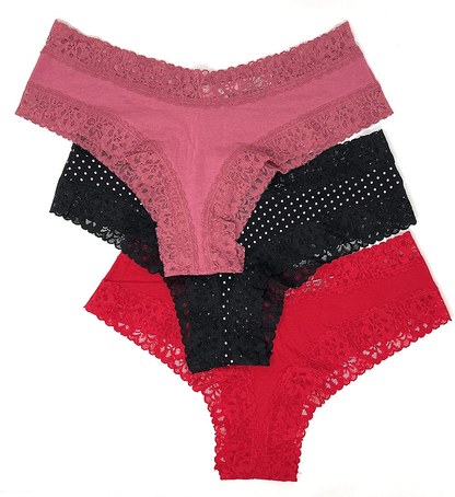Victoria'S Secret Lace Cheeky Panty Set of 3 Apparel & Accessories > Clothing > Underwear & Socks > Underwear Victoria's Secret Rose / Black Mini Dot / Red Large 