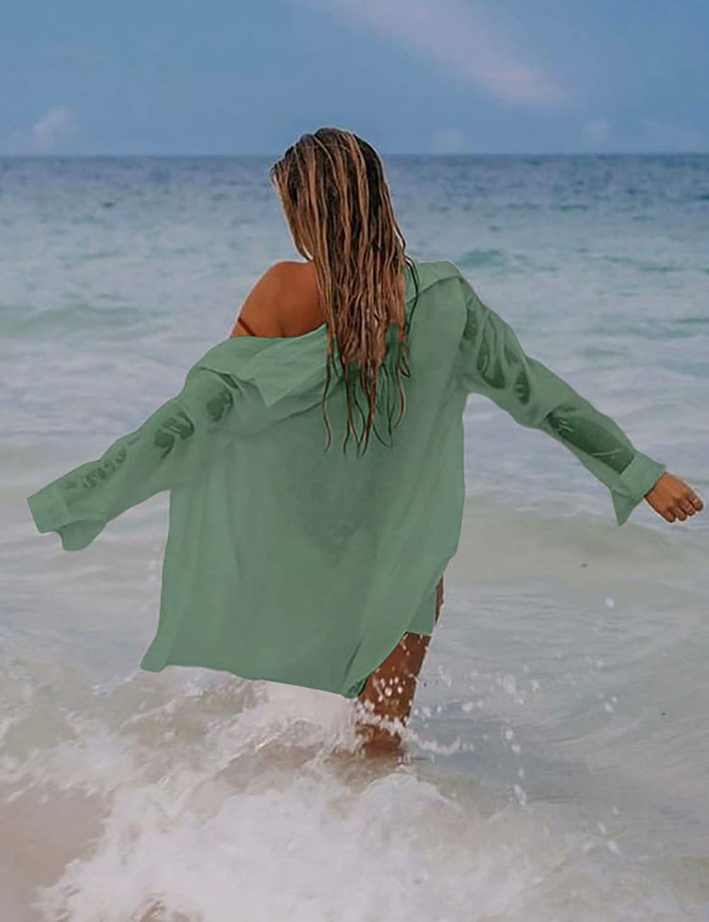 Bsubseach Women Long Sleeve Beach Shirt Blouses Turn down Collar Bathing Suit Cover Ups Apparel & Accessories > Clothing > Swimwear Kylie Max   