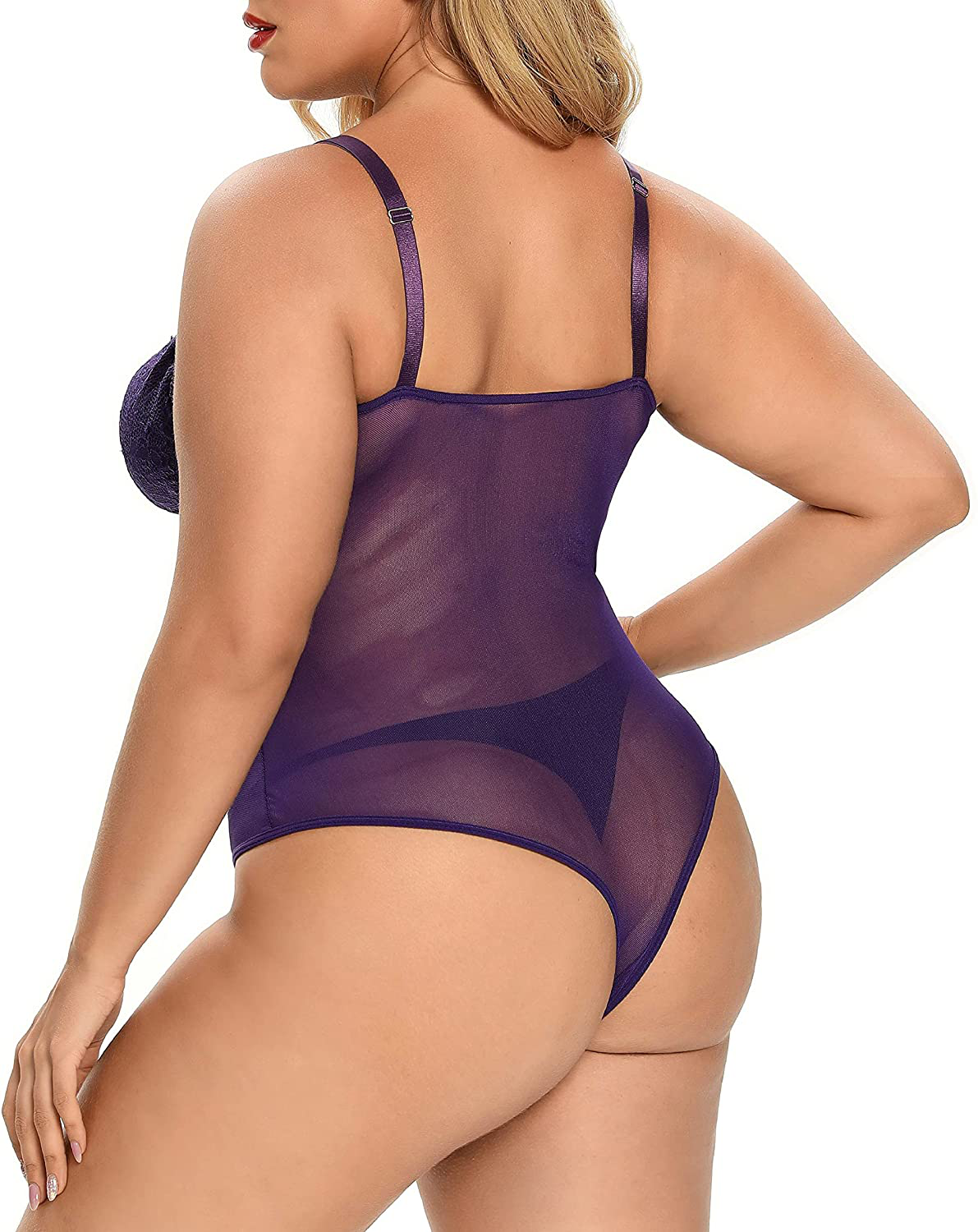 Plus Size Lingerie for Women Sexy Eyelash Lace Bodysuit Naughty Mesh One Piece Teddy Outfits Apparel & Accessories > Clothing > Underwear & Socks > Lingerie KYLIE MAX   