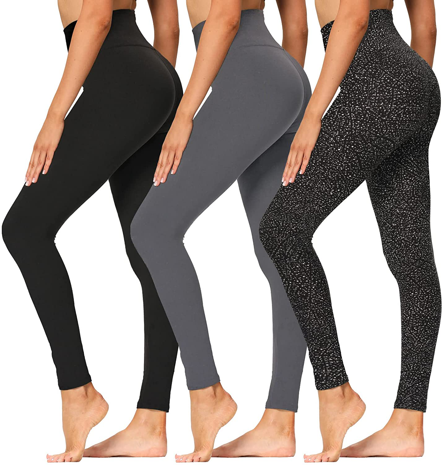 High Waisted Leggings for Women - Soft Athletic Tummy Control Pants for Running Cycling Yoga Workout - Reg & Plus Size Apparel & Accessories > Clothing > Activewear syrinx 3 Pack Black, Dark Grey, Black Dot Small-Medium 