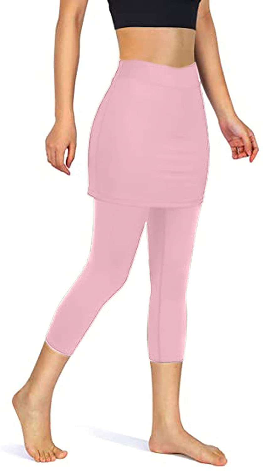 Burband Womens Skirted Leggings Capri Skirt Yoga Active Tights Pants Golf Tennis Workout Skort Sport Leggings with Pockets Apparel & Accessories > Clothing > Underwear & Socks > Shapewear Burband Pink Small 