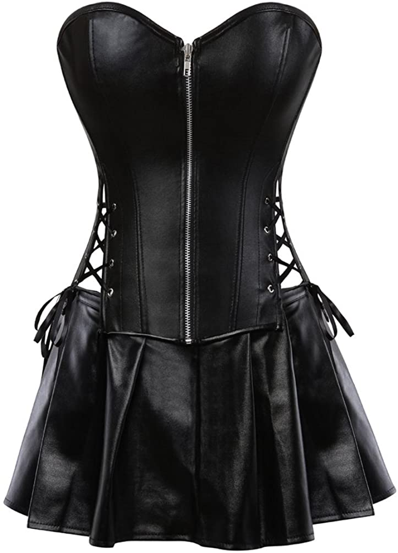 Frawirshau Faux Leather Corset Dress Corsets for Women Sexy Bustier Lingeire Corset Skirt Costume Apparel & Accessories > Clothing > Underwear & Socks > Lingerie frawirshau Black X-Large 