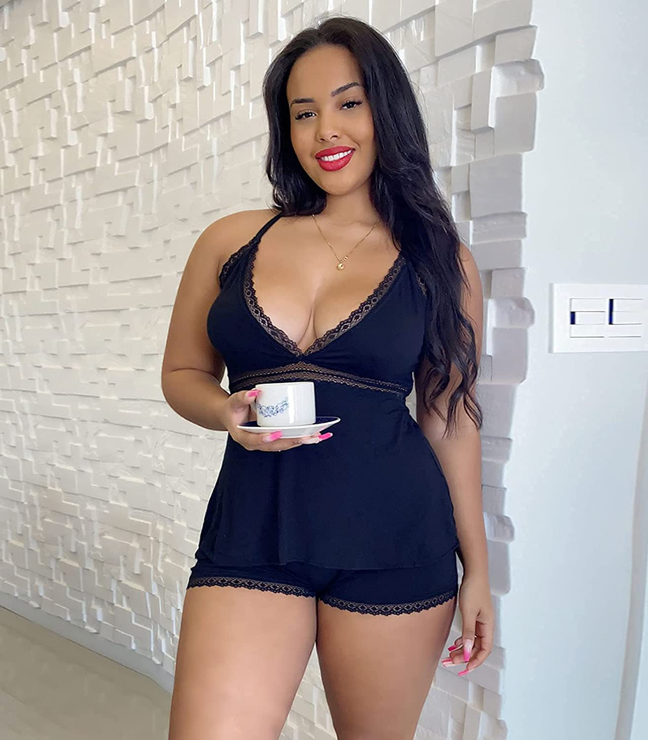 Curvierbuti Women plus Size Pajamas Cami Shorts Set Nightwear Sleep Set Lace Lingerie Sleepwear Apparel & Accessories > Clothing > Sleepwear & Loungewear Kylie Max   