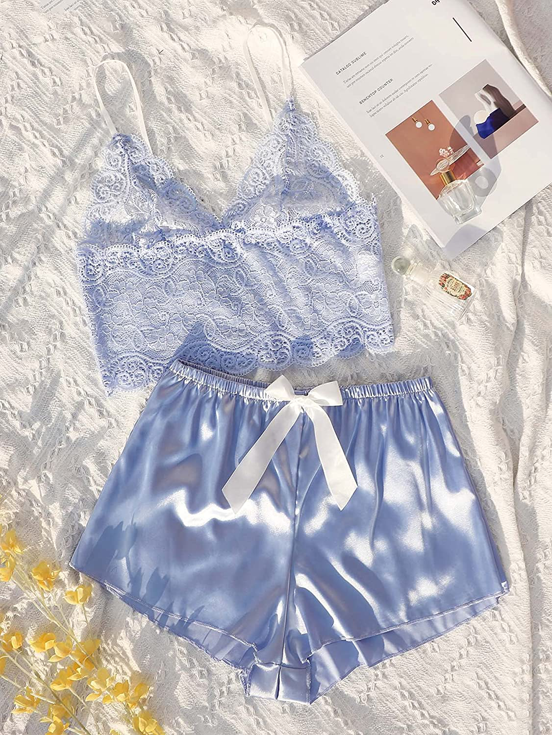 Romwe Women'S 2 Piece Satin Pajama Set Lace Cropped Cami and Shorts Pj Set Sleepwear Apparel & Accessories > Clothing > Sleepwear & Loungewear Kylie Max   