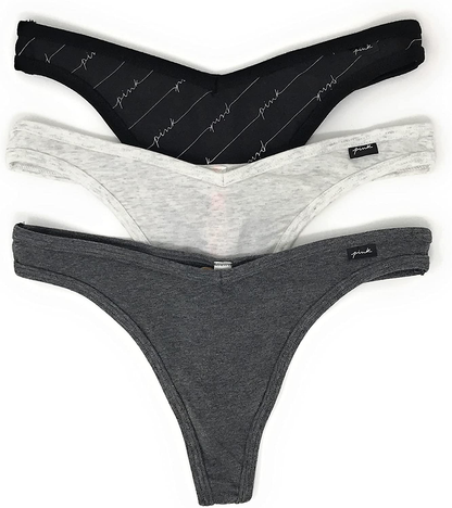 Victoria's Secret PINK Thong Panty Set of 3 Apparel & Accessories > Clothing > Underwear & Socks > Underwear Victoria's Secret Black Logos / Lt Gray / Dk Gray X-Large 