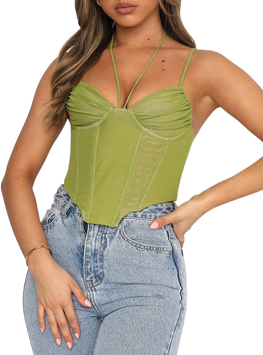 SOFIA'S CHOICE Women'S Halter Corset Crop Top Asymmetrical Hem Backless Sexy Mesh Camisole Apparel & Accessories > Clothing > Underwear & Socks > Lingerie SOFIA'S CHOICE Green Medium 
