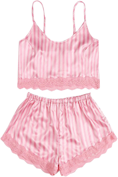 Sweatyrocks Women'S Satin Lace Sleepwear Cami Top and Shorts Pajama Set Apparel & Accessories > Clothing > Sleepwear & Loungewear Kylie Max   