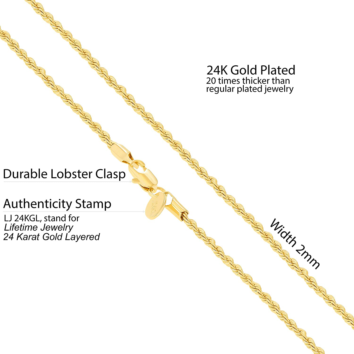 LIFETIME JEWELRY 2mm Rope Chain Necklace 24k Real Gold Plated for Women and Men Arts & Entertainment > Party & Celebration > Gift Giving LIFETIME JEWELRY   