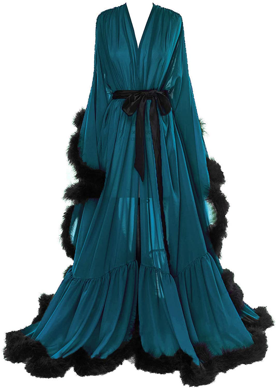 Molisa Women'S Sexy Feather Bridal Robe Long Wedding Scarf Illusion Bathrobe Sleepwear Lingerie Robe Nightgown Apparel & Accessories > Clothing > Sleepwear & Loungewear > Robes Molisa Teal+black 4X-Large 