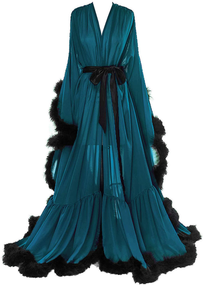 Molisa Women'S Sexy Feather Bridal Robe Long Wedding Scarf Illusion Bathrobe Sleepwear Lingerie Robe Nightgown Apparel & Accessories > Clothing > Sleepwear & Loungewear > Robes Molisa Teal+black 4X-Large 