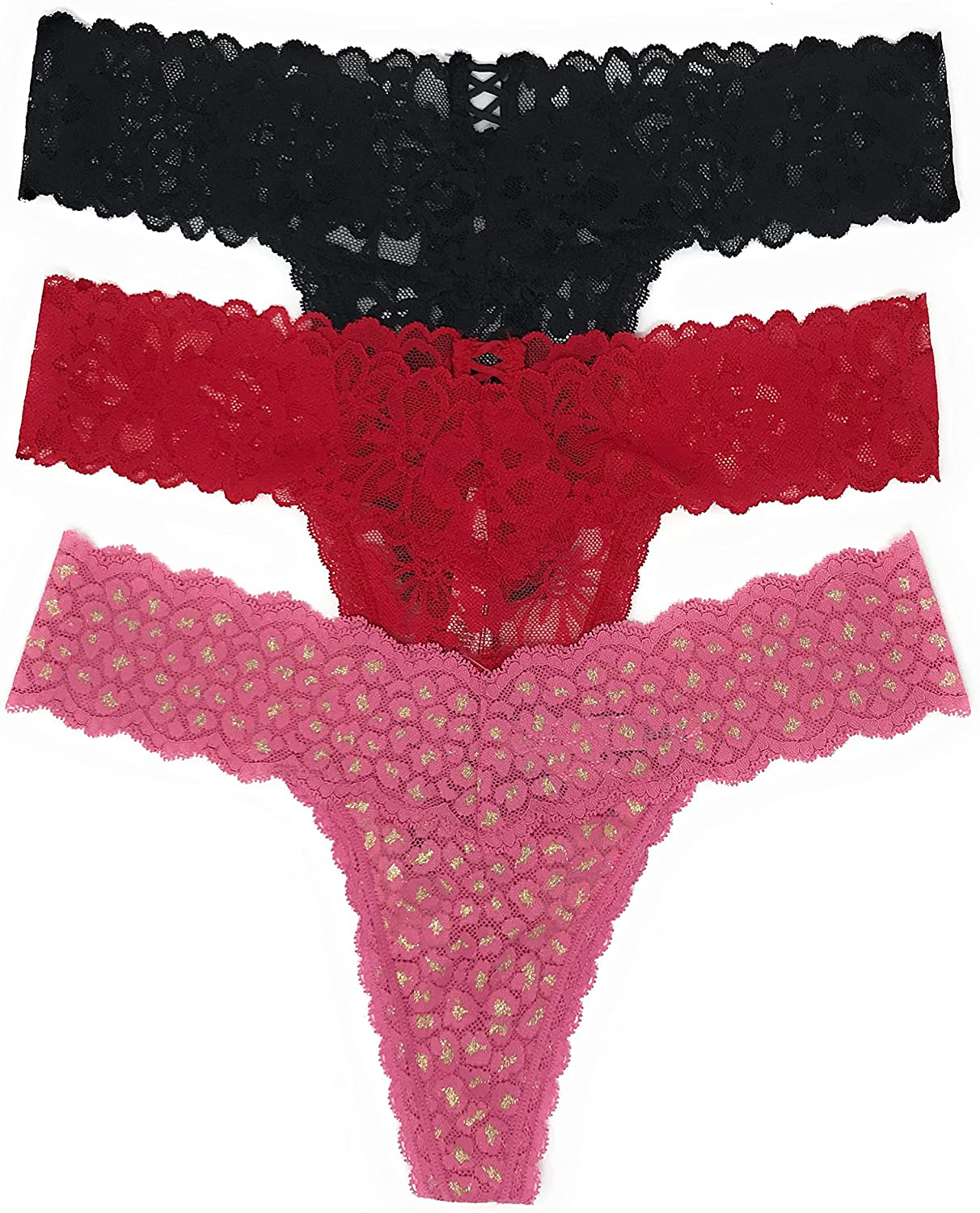 Victoria's Secret The Lacie Thong Panty Set of 3 Apparel & Accessories > Clothing > Underwear & Socks > Underwear Victoria's Secret Black Cross / Red Cross / Rose Gold Large 