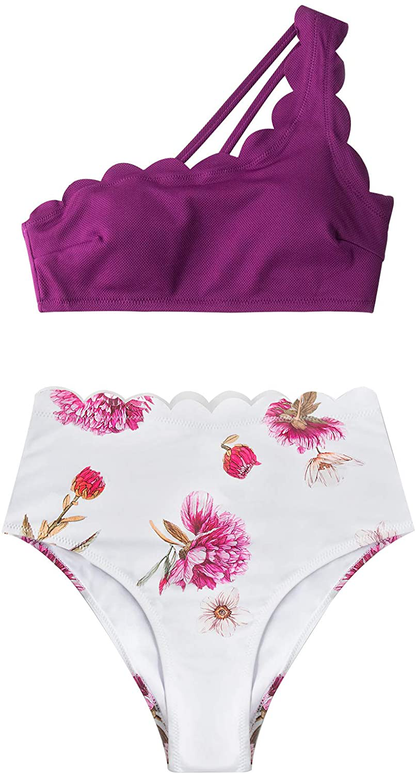 CUPSHE Women's Bikini Swimsuit High Waist Floral Print One Shoulder Two Piece Bathing Suit Apparel & Accessories > Clothing > Swimwear CUPSHE   