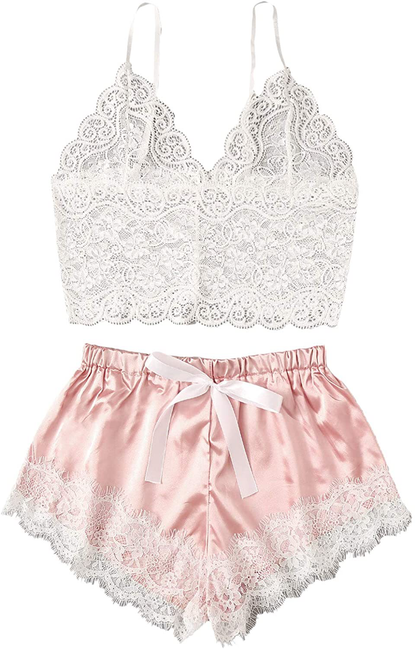 WDIRARA Women'S 2Pcs Sexy Floral Lace Cami Top with Shorts Sleepwear Pajama Set Apparel & Accessories > Clothing > Sleepwear & Loungewear Kylie Max   