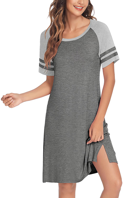 Hotouch Nightshirts Womens Nightgowns Raglan Striped Short Sleeve Sleepwear Comfy Sleepshirt S-XXL Apparel & Accessories > Clothing > Sleepwear & Loungewear > Nightgowns Kylie Max   