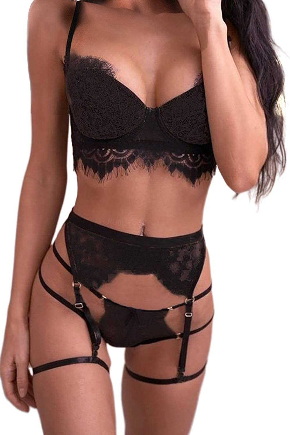 Women Harness Lace Lingerie Set Skirt 3 Pieces Bralettes and Garter Belt Apparel & Accessories > Clothing > Underwear & Socks > Lingerie QUEENIE VISCONTI   