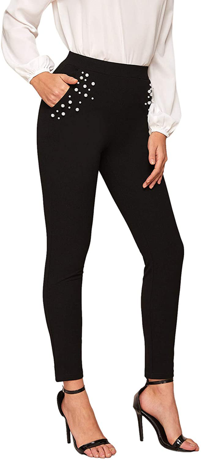SweatyRocks Women's Casual Skinny Leggings Stretchy High Waisted Work Pants Apparel & Accessories > Clothing > Activewear SweatyRocks Pearl Pockets Black Large 