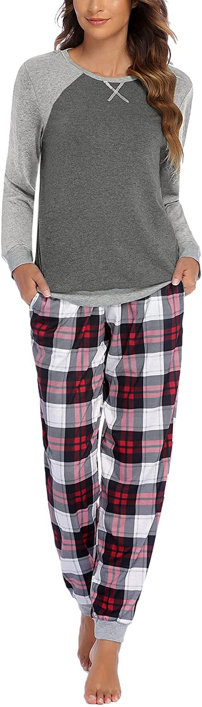 Ekouaer Women's Pajamas Sets Long Sleeve with Plaid Pants Soft Sleepwear O Neck 2 Piece Pjs Joggers Loung Set with Pockets Apparel & Accessories > Clothing > Sleepwear & Loungewear > Pajamas Ekouaer Style2-pat1 Medium 