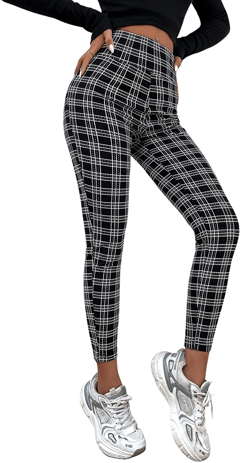 SweatyRocks Women's Casual Skinny Leggings Stretchy High Waisted Work Pants Apparel & Accessories > Clothing > Activewear SweatyRocks Plaid Black White Small 
