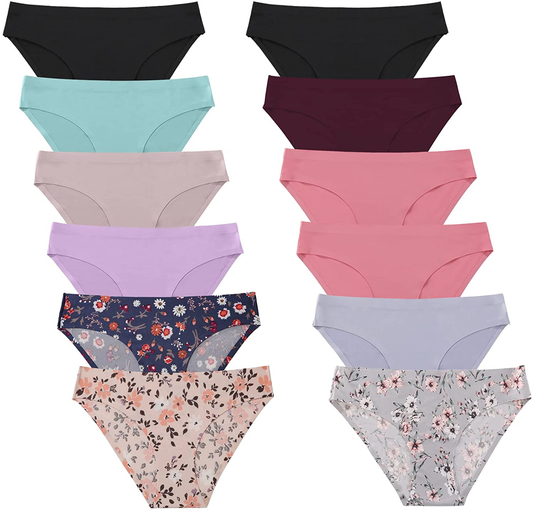 FINETOO 12 Pack Women’S Seamless Hipster Underwear No Show Panties Invisibles Briefs Soft Stretch Bikini Underwears XS-XL  KYLIE MAX Floral B 12pack Large-X-Large 