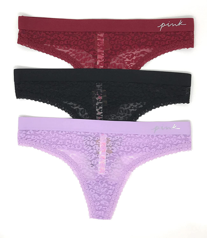 Victoria's Secret PINK Thong Panty Set of 3 Apparel & Accessories > Clothing > Underwear & Socks > Underwear Victoria's Secret Lace Cranberry / Black / Lilac Large 