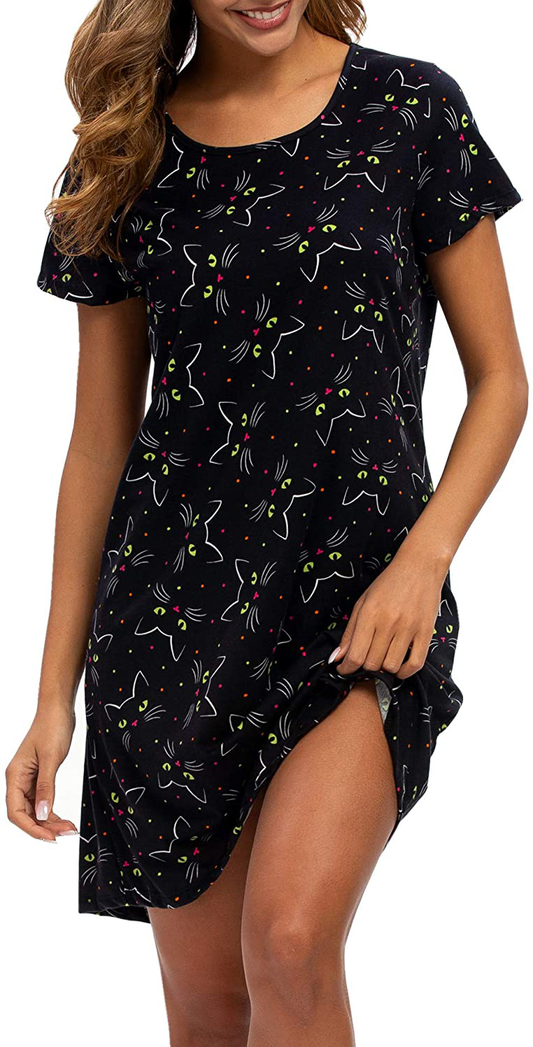 ENJOYNIGHT Sleepwear Women'S Nightgown Printed Sleep Shirt Short Sleeve Sleep Tee Cotton Nightshirt Apparel & Accessories > Clothing > Sleepwear & Loungewear > Nightgowns Kylie Max   