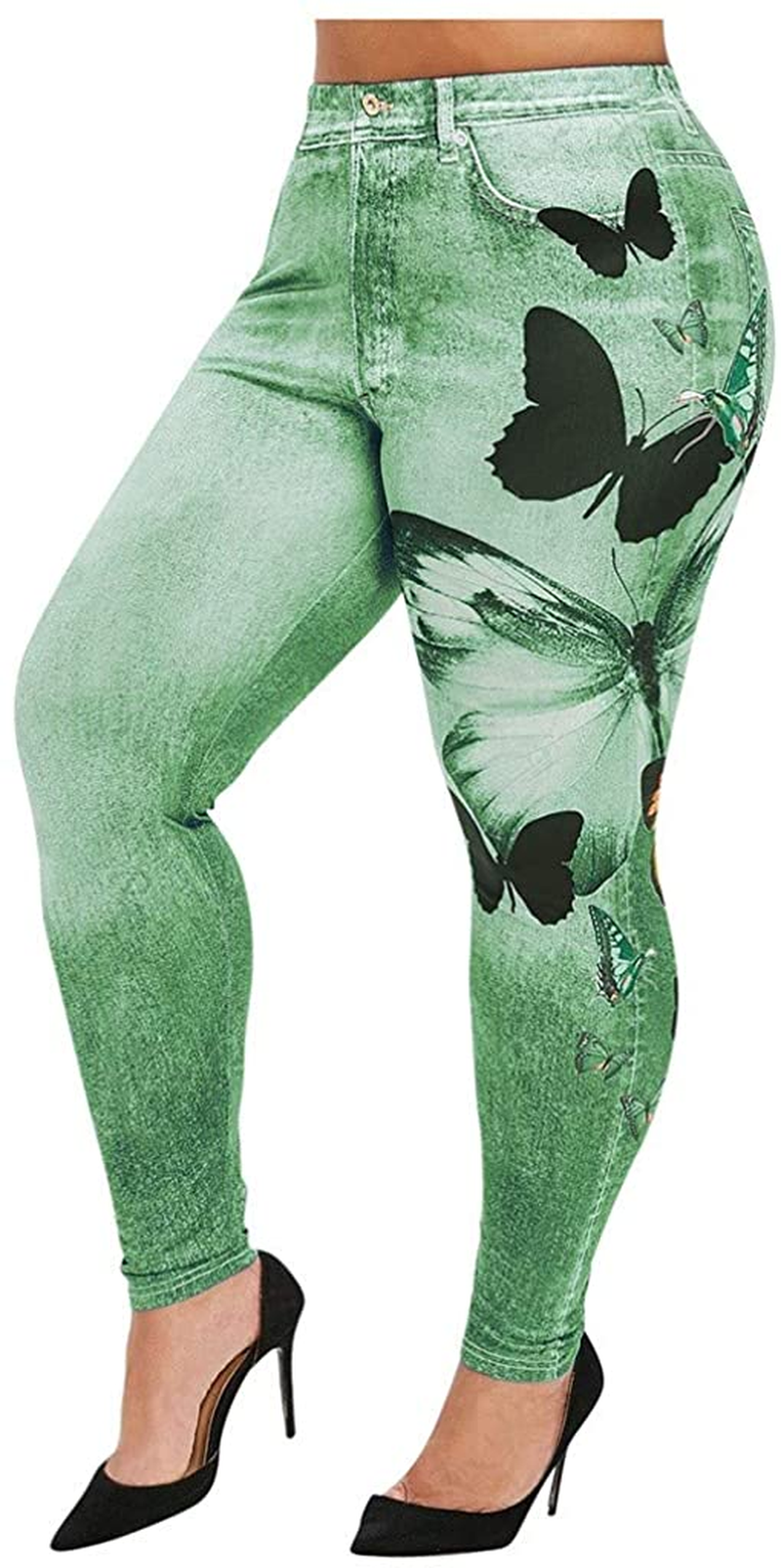 Burband Womens plus Size Stretch Drawstring Stretch Floral Print Jersey Capri Leggings High Rise Skinny Jeans Pants S-5XL Apparel & Accessories > Clothing > Underwear & Socks > Shapewear Burband Green 4X-Large 