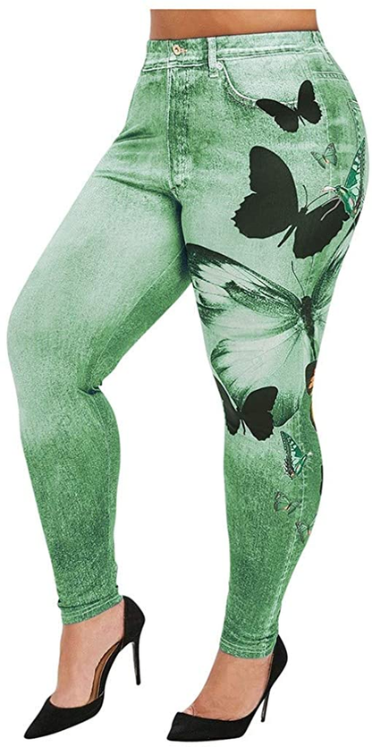 Burband Womens plus Size Stretch Drawstring Stretch Floral Print Jersey Capri Leggings High Rise Skinny Jeans Pants S-5XL Apparel & Accessories > Clothing > Underwear & Socks > Shapewear Burband Green 4X-Large 