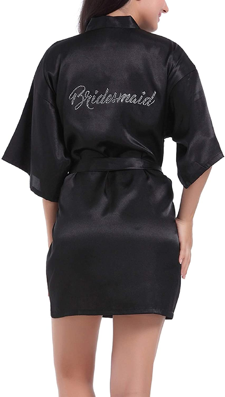Sunshinemall Women'S Satin Kimono Robes with Rhinestones Bride Bridesmaid Short Sleepwear Wedding Dressing Gown Apparel & Accessories > Clothing > Sleepwear & Loungewear > Robes sunshinemall   