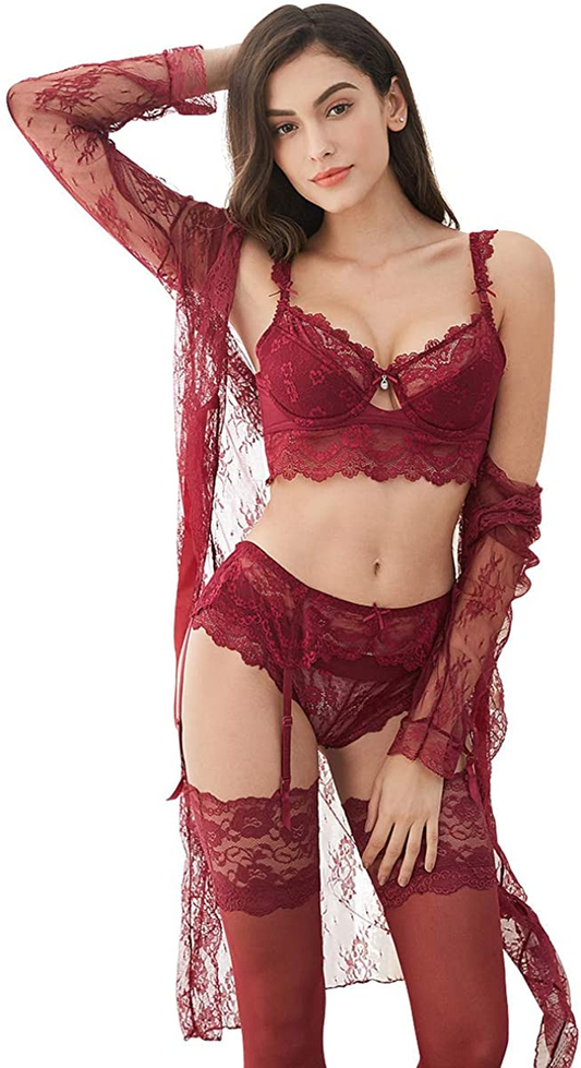 Women Push up Embroidery Bras Set Lace Lingerie Bra and Panties and Socks 4 Piece Apparel & Accessories > Clothing > Underwear & Socks > Lingerie Ningsige Red1 34D 