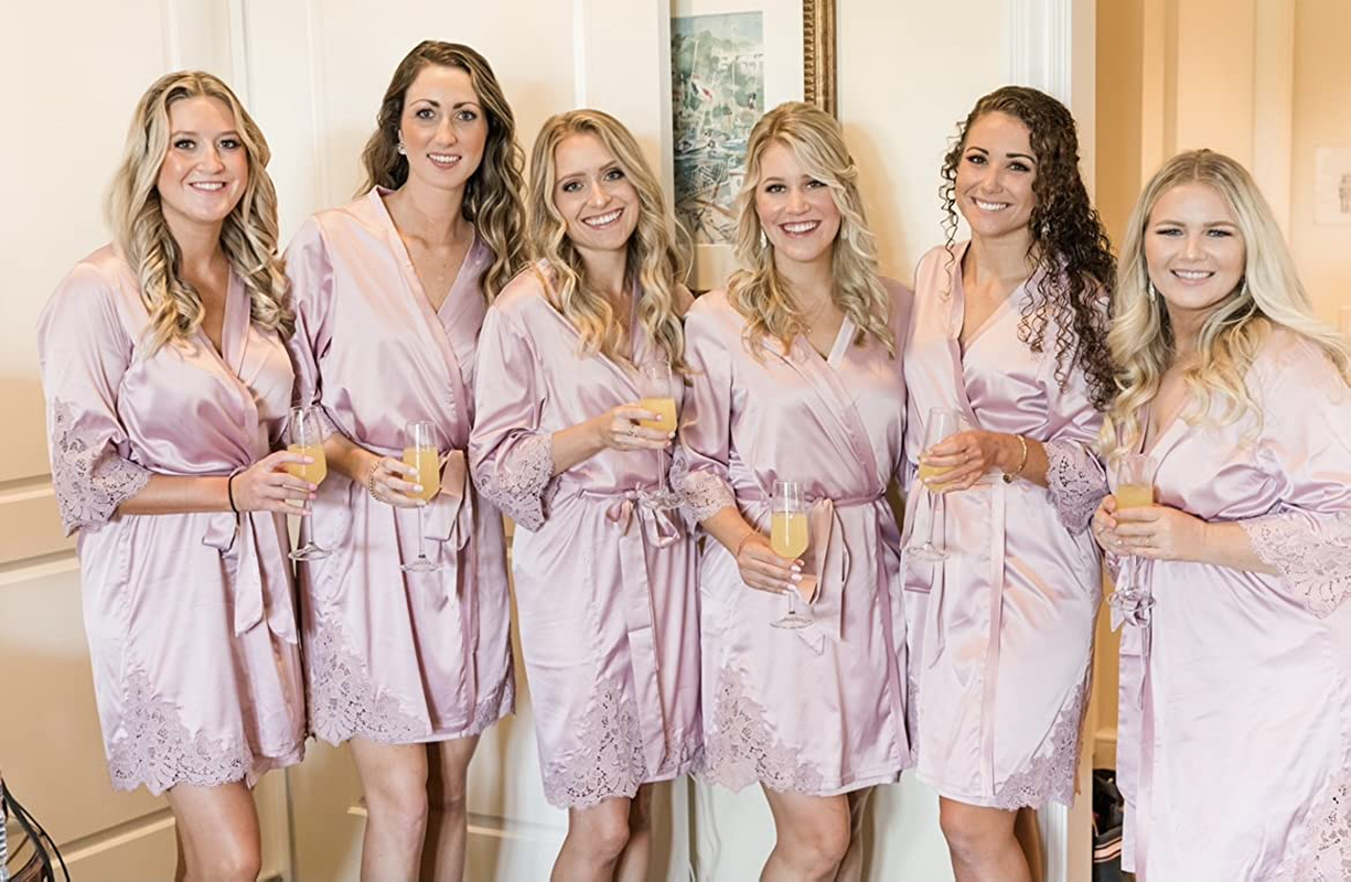 AW BRIDAL Women'S Satin Robe Lace Trim Kimono Silk Robe Short Bridal Party Robes for Brides Bridesmaids Wedding Loungewear Apparel & Accessories > Clothing > Sleepwear & Loungewear > Robes AW BRIDAL   