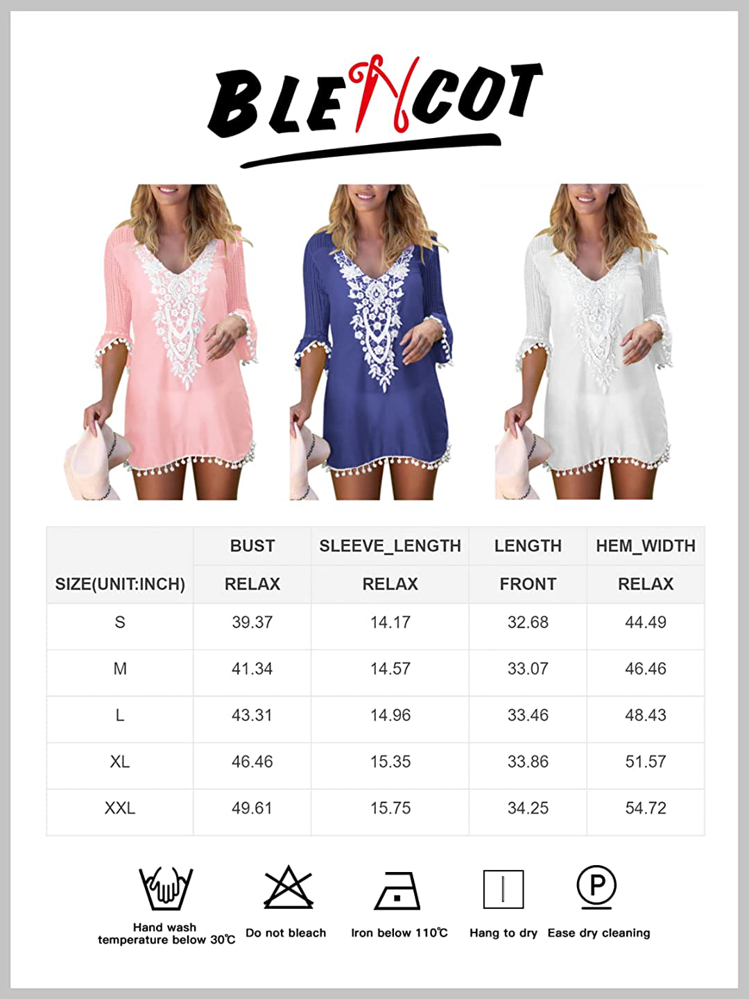 BLENCOT Women'S Crochet Chiffon Tassel Swimsuit Bikini Pom Pom Trim Swimwear Beach Cover Up Apparel & Accessories > Clothing > Swimwear Kylie Max   