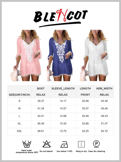 BLENCOT Women'S Crochet Chiffon Tassel Swimsuit Bikini Pom Pom Trim Swimwear Beach Cover Up Apparel & Accessories > Clothing > Swimwear Kylie Max   