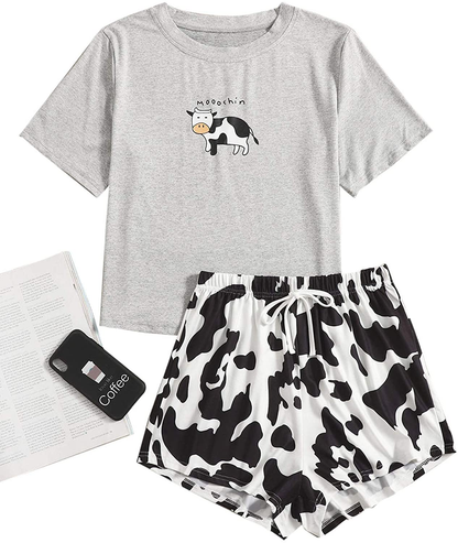 DIDK Women's Cute Cartoon Print Tee and Shorts Pajama Set Apparel & Accessories > Clothing > Sleepwear & Loungewear > Pajamas DIDK   