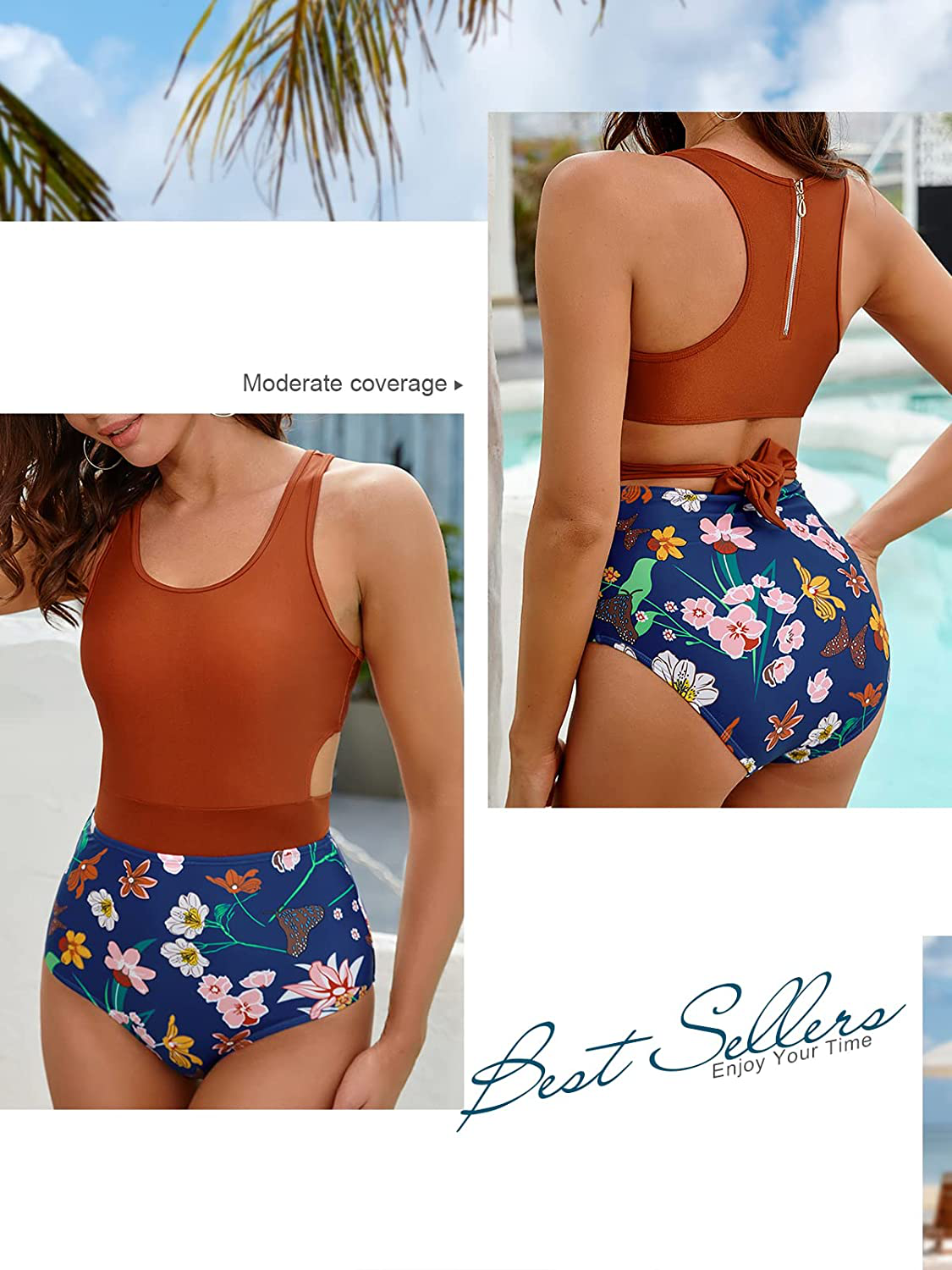 MOLYBELL One Piece Swimsuits for Women High Waisted Bathing Suit Monokini Floral Print Cutout Racerback Zip Up  Kylie Max   