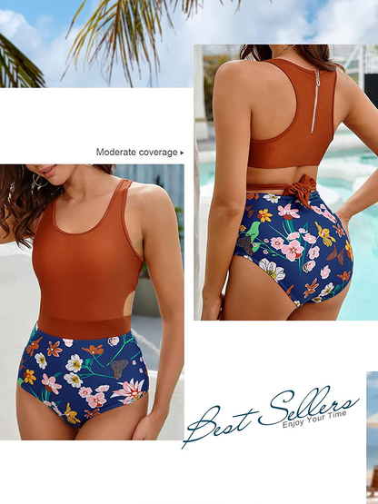 MOLYBELL One Piece Swimsuits for Women High Waisted Bathing Suit Monokini Floral Print Cutout Racerback Zip Up  Kylie Max   