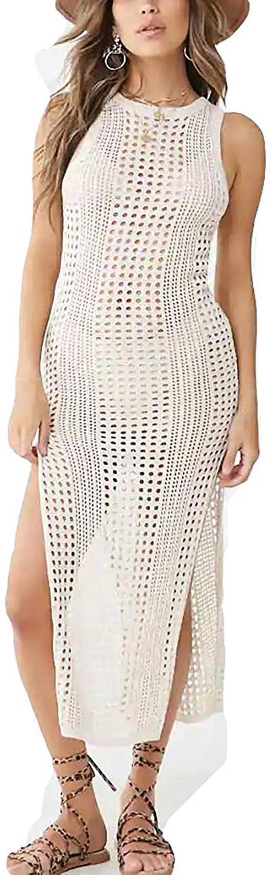 Bsubseach Crochet Cover Ups for Women Hollow Out Sleeveless Bikini Swimsuit Swimwear Side Split Long Beach Dresses Apparel & Accessories > Clothing > Swimwear Kylie Max   