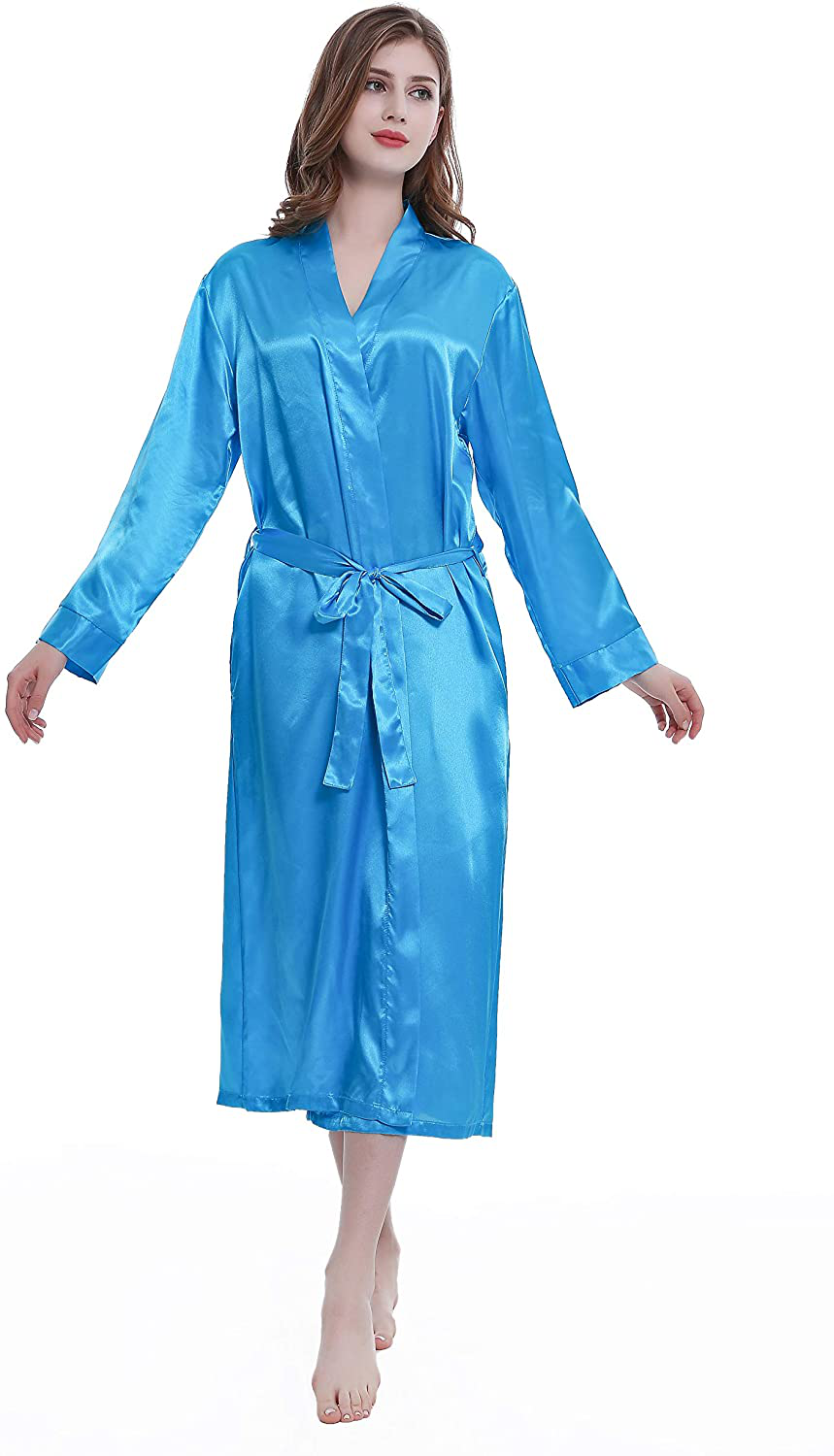 Lavenderi Women'S Long Classic Satin Kimono Lounge Bathrobe Robe Apparel & Accessories > Clothing > Sleepwear & Loungewear > Robes Lavenderi Blue Large 