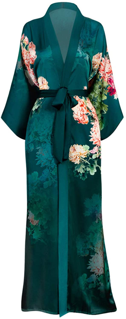 KIM+ONO Women'S Charmeuse Kimono Robe Long - Watercolor Floral Apparel & Accessories > Clothing > Sleepwear & Loungewear > Robes KIM+ONO Coral Chrysanthemum - Emerald  