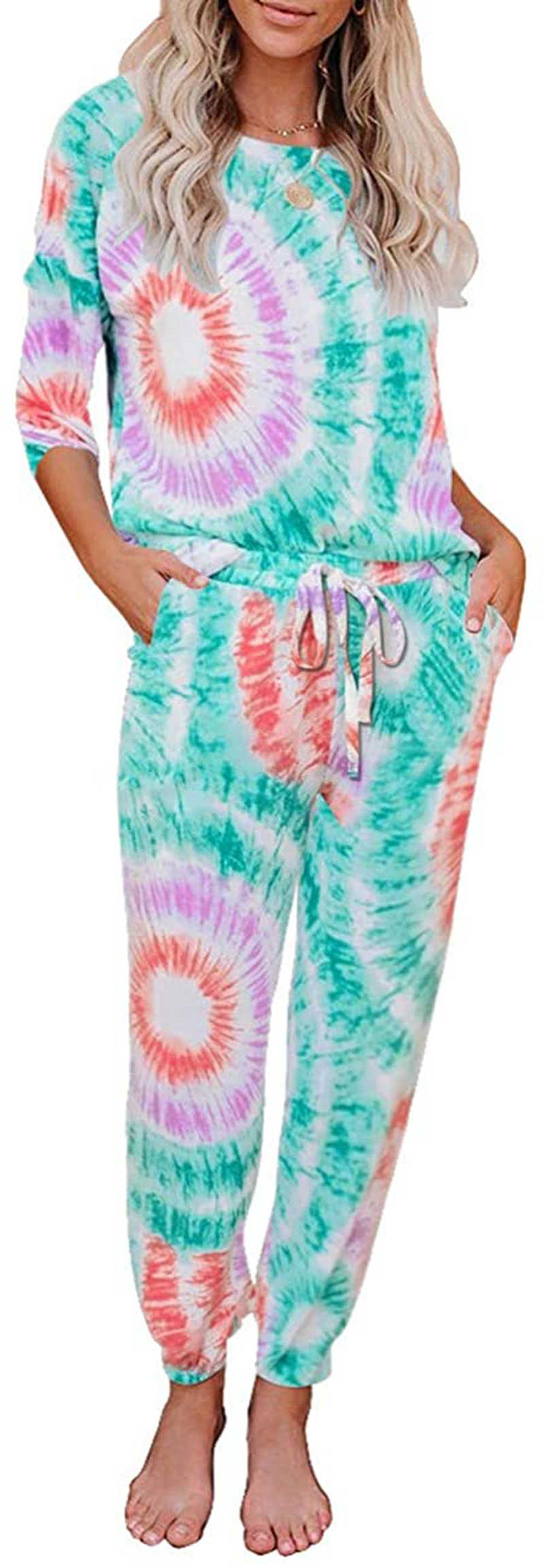 luvamia Women Tie Dye Pajama Sets Long Sleeve Tops and Pants PJ Sets Joggers Loungewear Sleepwear Apparel & Accessories > Clothing > Sleepwear & Loungewear > Pajamas KYLIE MAX Tie Dye Green Large 