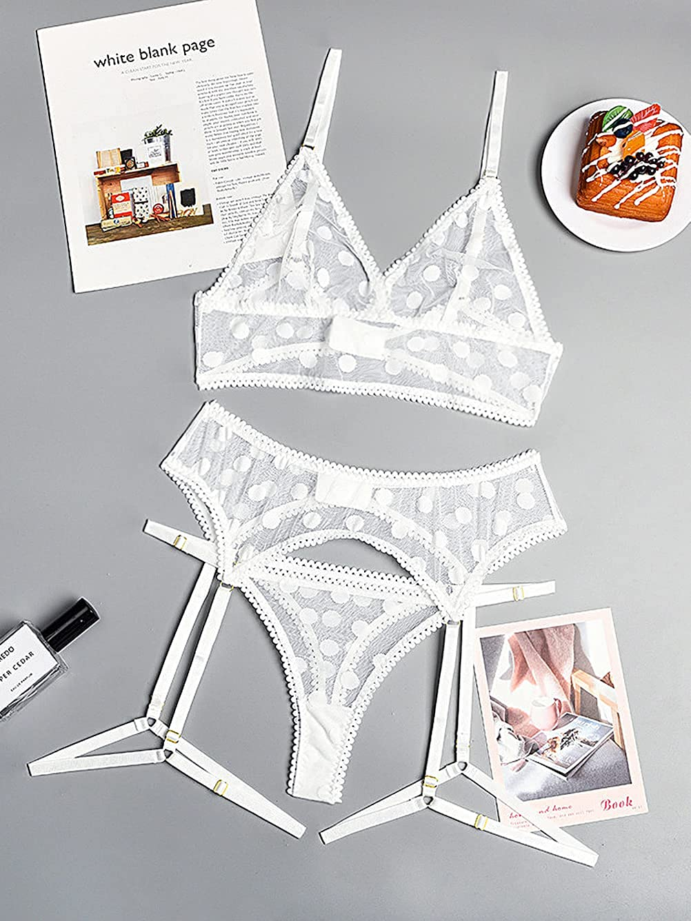 Kaei&Shi Polka Dot Print,Sheer Bralette,Non-Removable Thigh Straps,Garter Belt Lingerie for Women Apparel & Accessories > Clothing > Underwear & Socks > Lingerie Kaei&Shi   