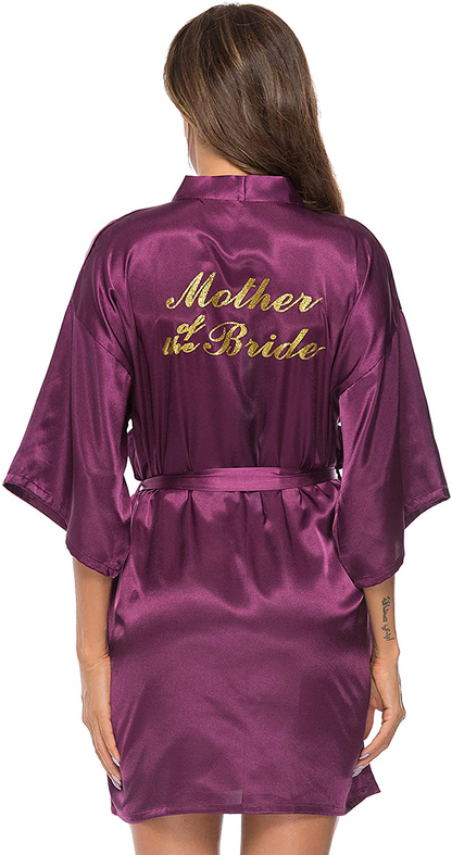 Vlazom Women'S Satin Robe Short Kimono for Bride & Bridesmaid Wedding Party Robes with Gold Glitter or Rhinestones Apparel & Accessories > Clothing > Sleepwear & Loungewear > Robes KYLIE MAX C-dark Purple-mother of Bride Medium 