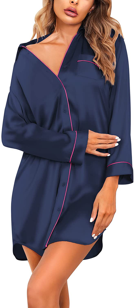 Ekouaer Women'S Long Sleeve Satin Sleepshirt Button down Nightgowns Silk Nightshirt Pajama Top Sleepwear S-XXL Apparel & Accessories > Clothing > Sleepwear & Loungewear > Nightgowns Kylie Max   