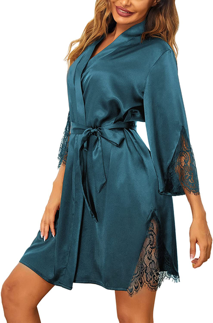 Ekouaer Womens Silk Robes Satin Bathrobe Lace-Trim Bride Party Loungewear Bridesmaids Kimono Robes Apparel & Accessories > Clothing > Sleepwear & Loungewear > Robes Ekouaer   