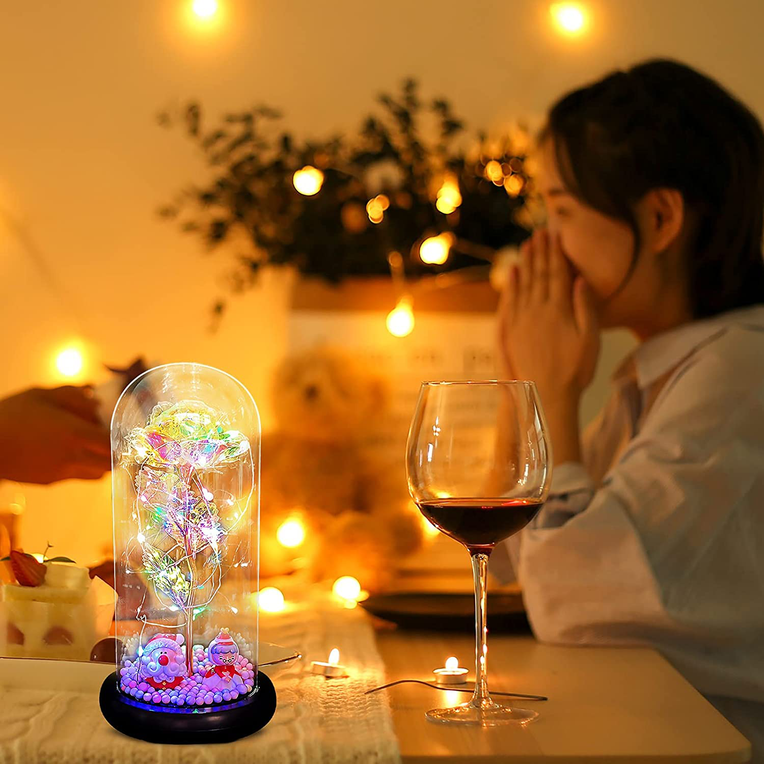Fam Mitglie Galaxy Rose Flower Gift for Girlfriend, Artificial Flowers Glass Rose Gifts for Women/Mom, Beauty and Beast Rose in Glass Dome with Led Light String for Christmas Valentine's Day Gift Arts & Entertainment > Party & Celebration > Gift Giving FAM MITGLIE   