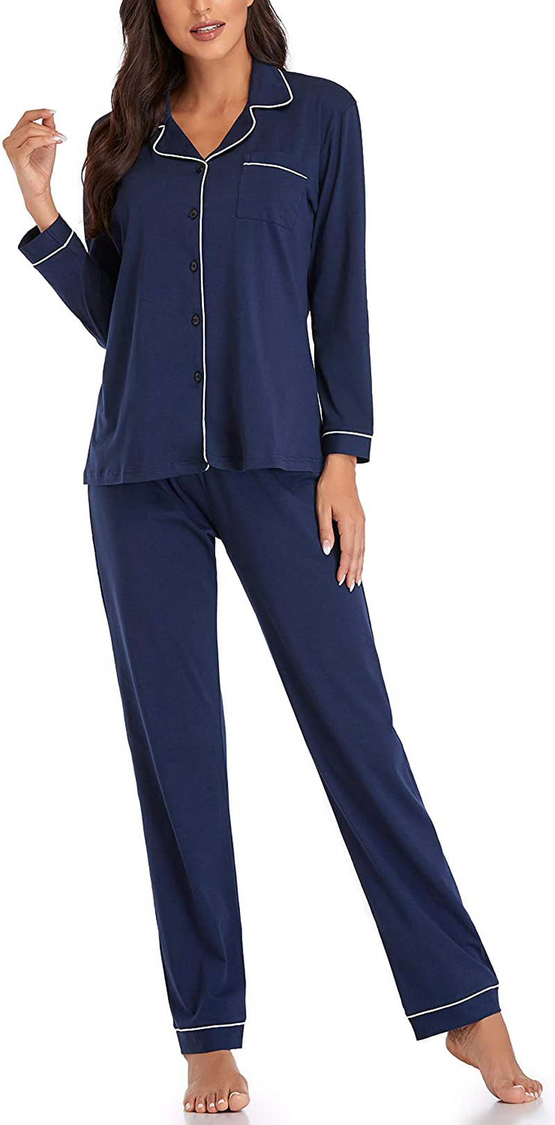 Women's Pajamas Set, Short Sleeve Sleepwear Button-Down Nightwear Soft Pj Lounge Sets Pajamas for Women Apparel & Accessories > Clothing > Sleepwear & Loungewear > Pajamas CULAYII Long-navy Blue 3X-Large 