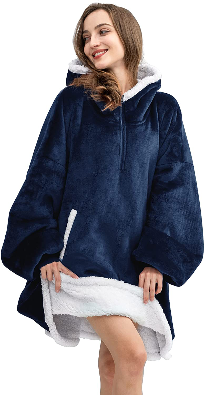 HBlife Oversized Long Wearable Blanket Hoodie for Adult, Thick Sherpa Sweatshirt with Elastic Sleeves and Giant Pockets Super Warm and Cozy Fuzzy Plush Fleece Blanket Jacket, Blue Arts & Entertainment > Party & Celebration > Gift Giving HBlife Blue Adult-Short 